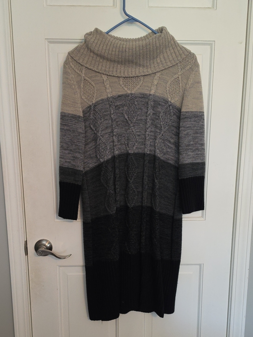 Studio One Striped Cable-Knit Turtleneck Sweater Dress - Cream, Gray, Black